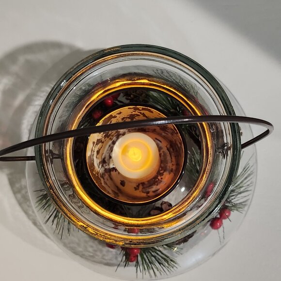 Lantern Style Glass Pine and Red Berry Christmas Candle Holder - Picture 3 of 9